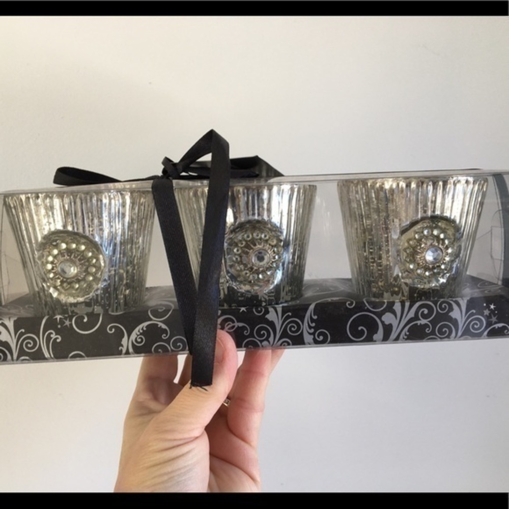 Set of 3 Embellished Tealight / Votive Holders Luxe Habitat Silvertone NIB